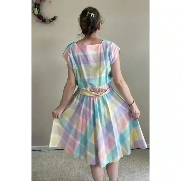 1980S PASTEL PLAID COTTON Vintage DRESS - Picture 3 of 8